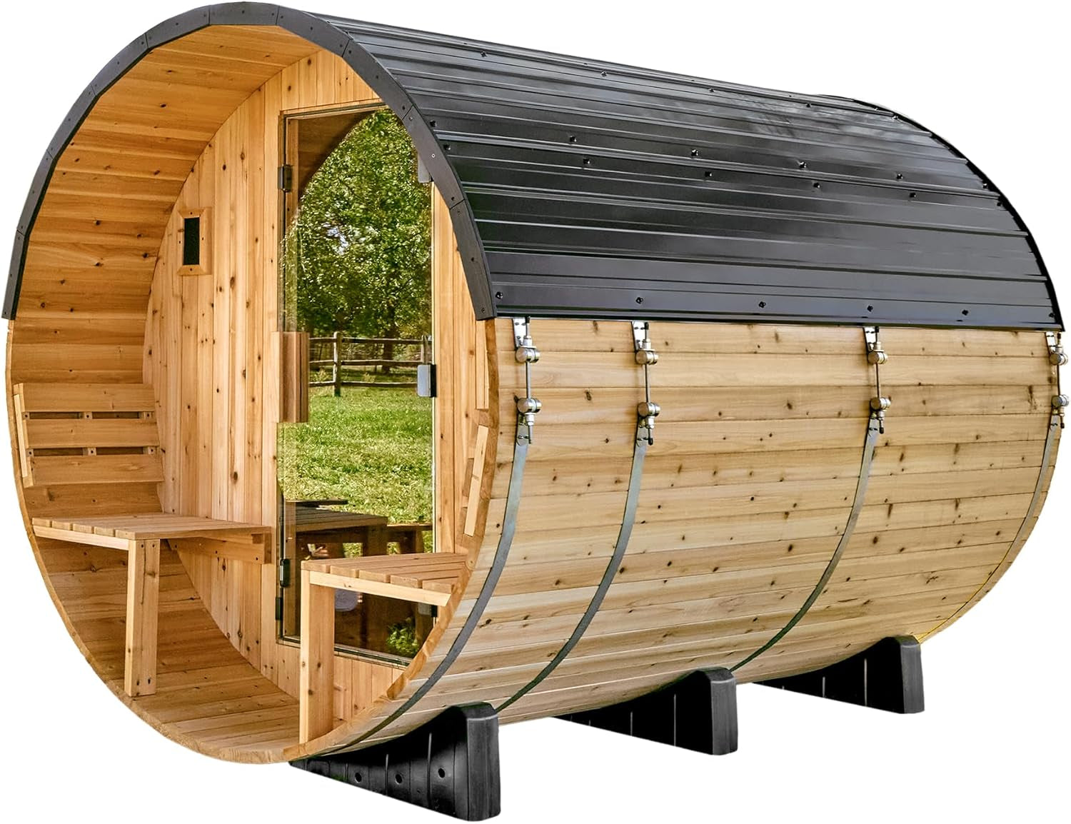 Backyard Discovery Paxton 4-6 Person Traditional Cedar Outdoor Barrel Sauna with Electric Sauna Heater, Front Porch, Sauna Rocks, Dry Heat, Steam Sauna, LED Lights, Wi-Fi Panel, Sauna Accessories