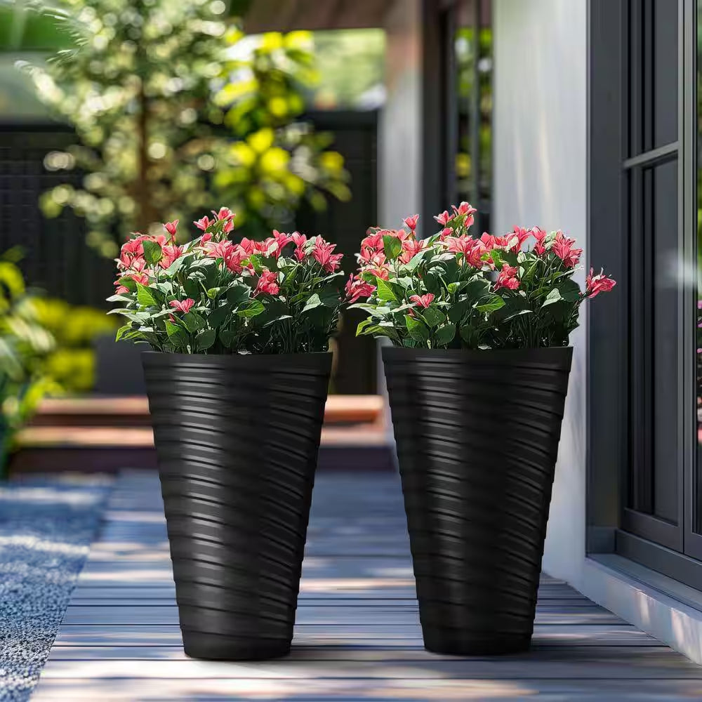 23 In. High Large Spiral Black Plastic round Planter / Pot with Drainage Holes (Set of 2)