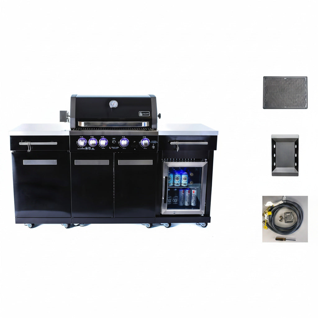 Premium 70"W Black Stainless Steel Outdoor Kitchen Island BBQ Gas Grill with Compact Refrigerator & Rotisserie Burner + Dual Sided Griddle Plate + Charcoal Tray + Natural Gas Conversion Kit