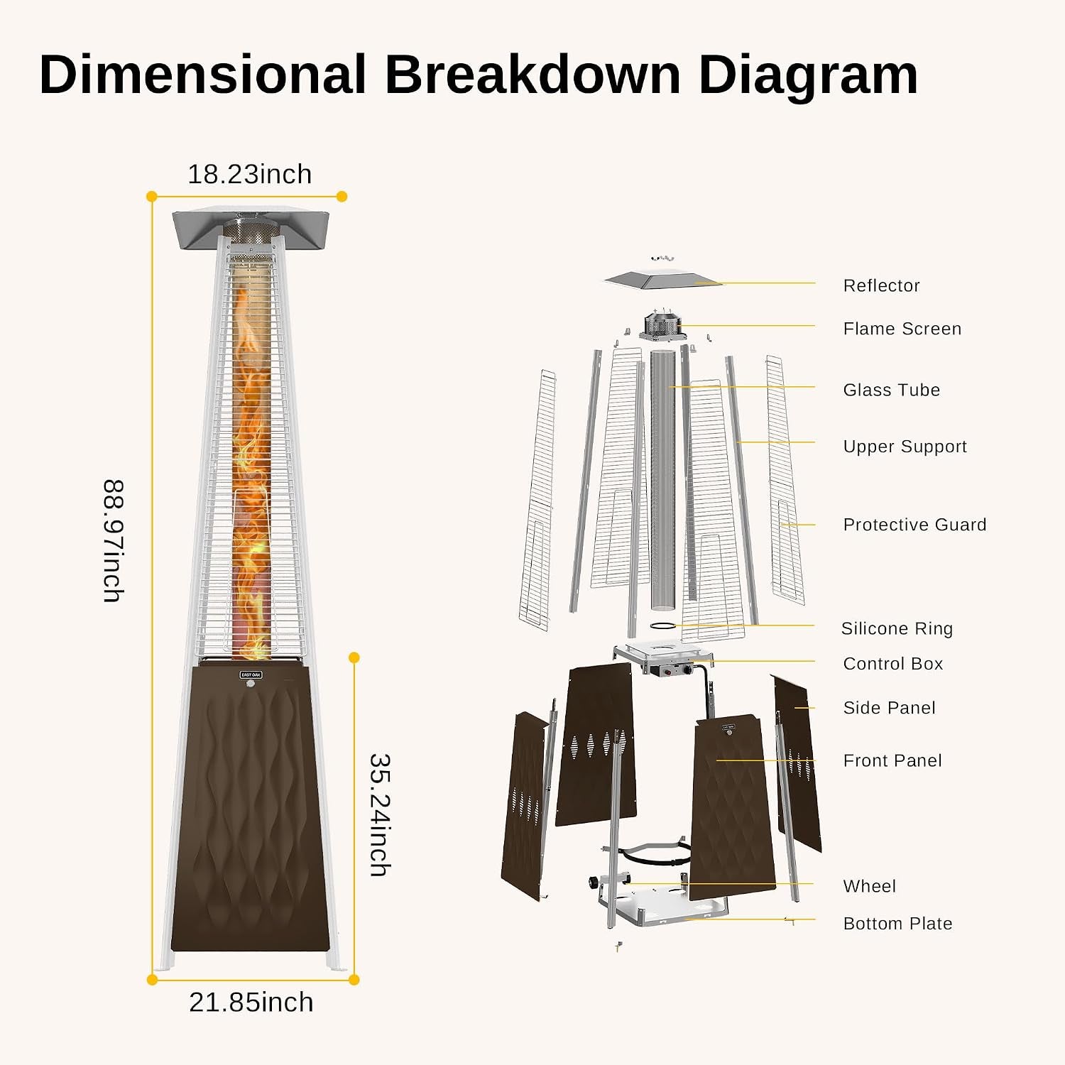 48,000 BTU Pyramid Patio Heater, Quartz Glass Tube Propane Outdoor Heater with Wheels, Triple Safety Protection, 2025 Upgrade for Home, Backyard & Commercial Spaces, Bronze