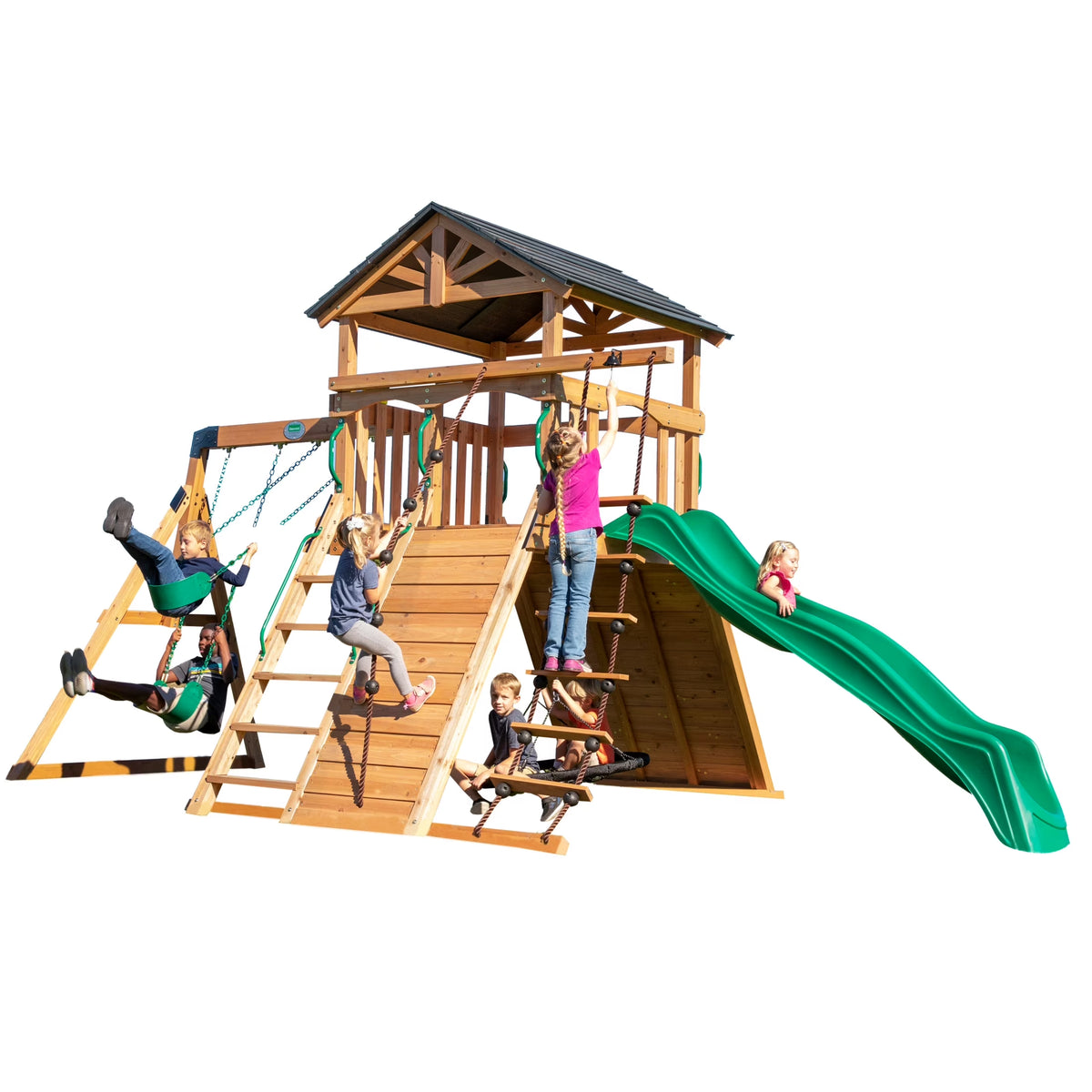 Endeavor Cedar Wood Swing Set, Slide, Play Deck, Rock Wall, Rope Ladder