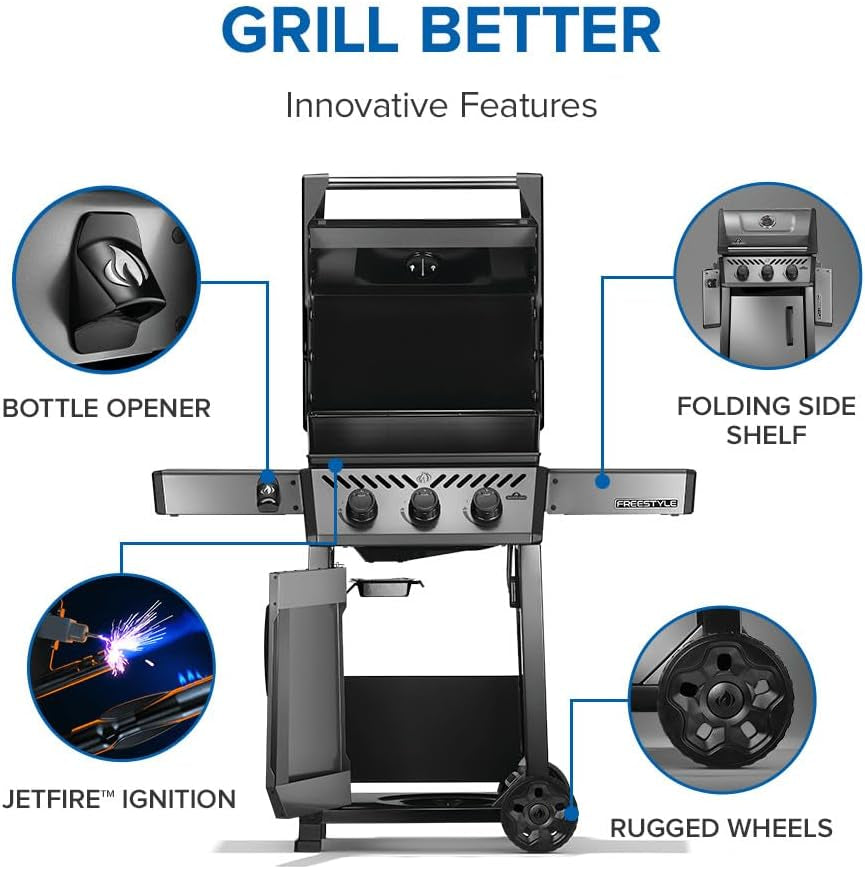 Freestyle 365 Propane Gas Outdoor Grill, Graphite Grey – 3-Burner BBQ with Porcelain Coated Cast Iron Iconic WAVE™ Cooking Grids