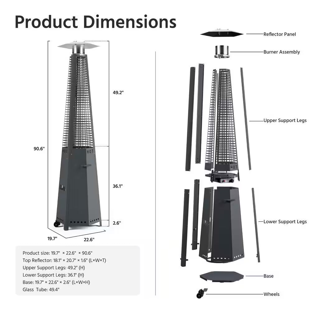 48,000 BTU Stainless Steel Pyramid Patio Flame Propane Gas Patio Heater with Wheels