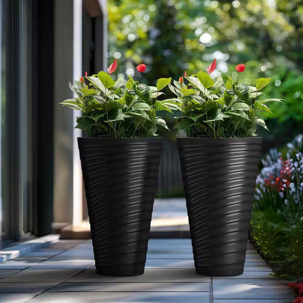29 In. High Large Spiral Black Plastic round Planter / Pot with Drainage Holes (Set of 2)