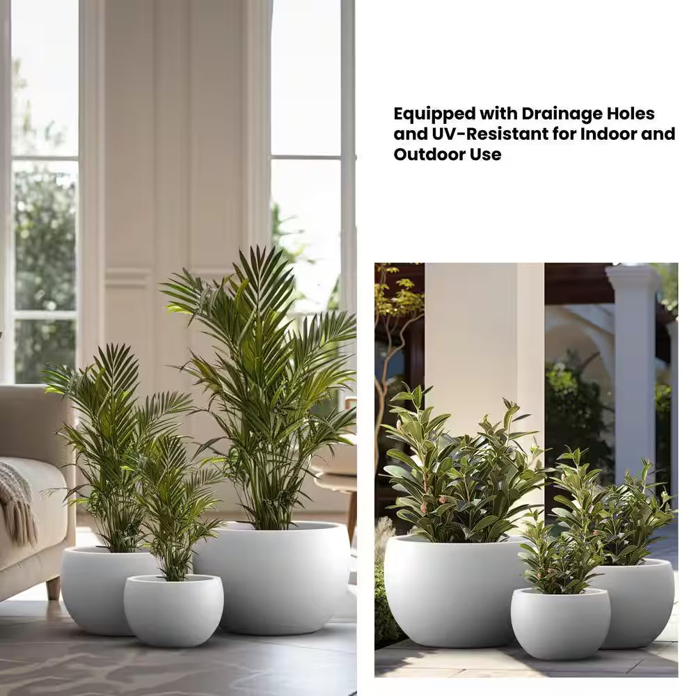 11.5In., 15In., 19In. Dia Crisp White Extra Large Tall round Concrete Plant Pot/Planter for Indoor & Outdoor Set of 3
