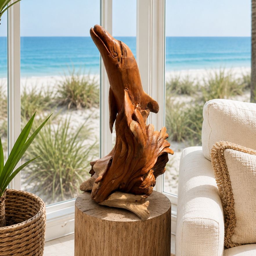 The Broward Design Center Solid Teak Wood Dolphin Sculpture – Hand Carved in Bali