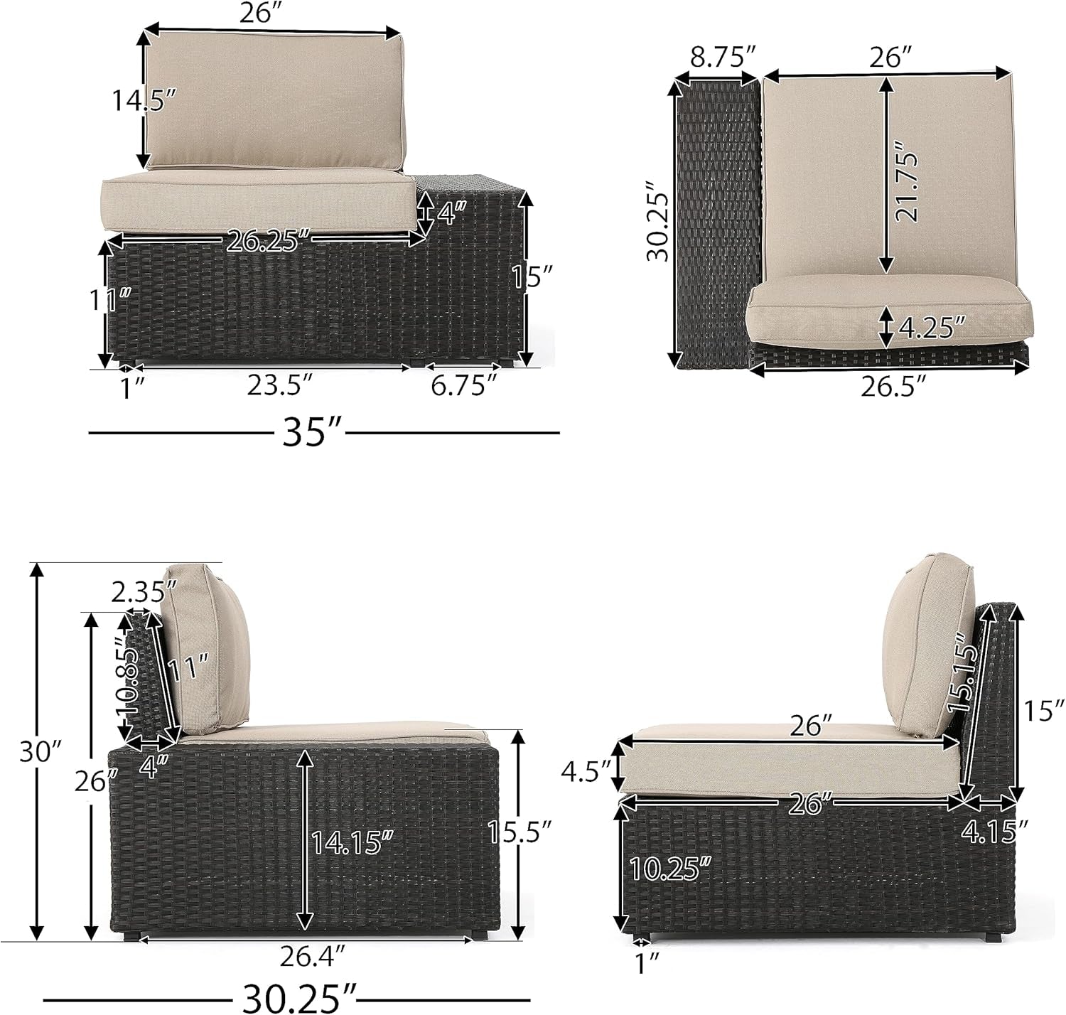 Santa Cruz Outdoor Wicker Sectional Sofa Set with Water Resistant Cushions, 6-Pcs Set, Brown