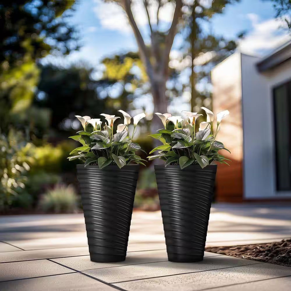 23 In. High Large Spiral Black Plastic round Planter / Pot with Drainage Holes (Set of 2)