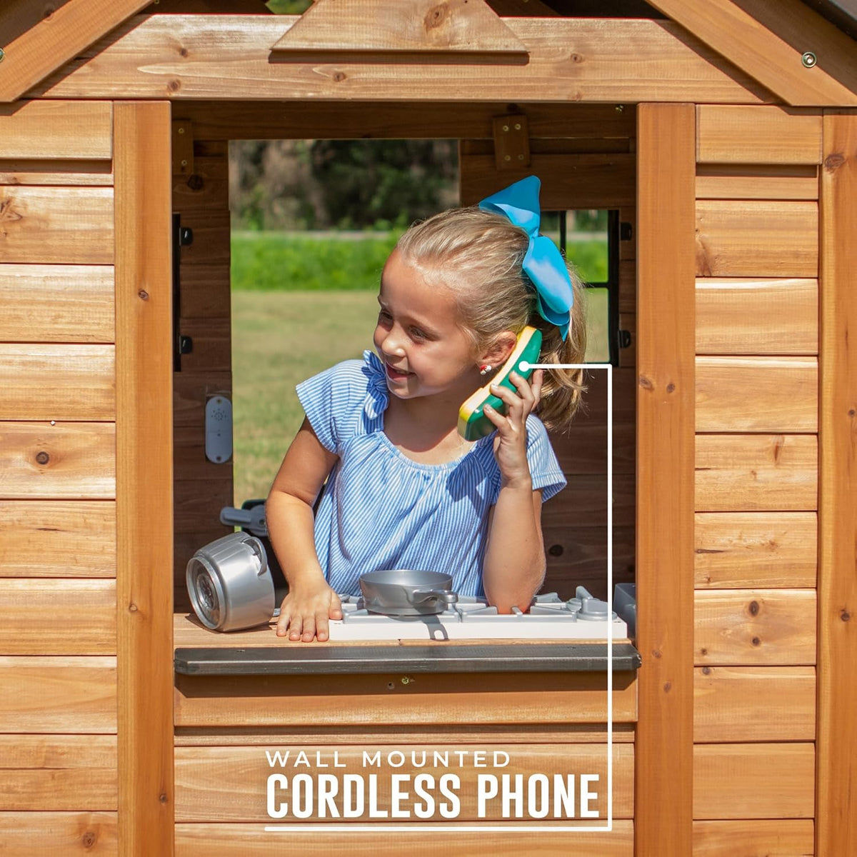 Backyard Discovery Sweetwater Cedar Wooden Kids Playhouse Cottage with Play Kitchen, Snack Bar, Half Door, Toy Phone, Windows, Flowerpot Holders, and Working Doorbell for Outdoor Imaginative Play
