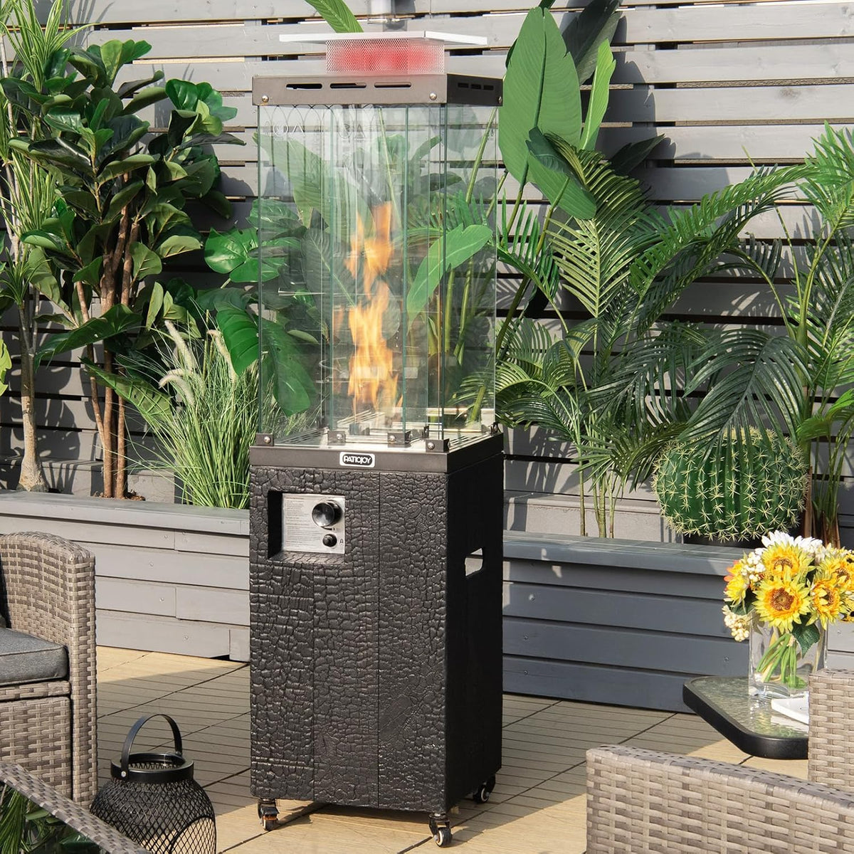 41,000 BTU Propane Patio Heater with Waterproof Cover, Outdoor Heater with Lockable Wheels, Adjustable Feet, Tempered Glass Tube, Suitable for Garden Porch Patio Deck (Black)