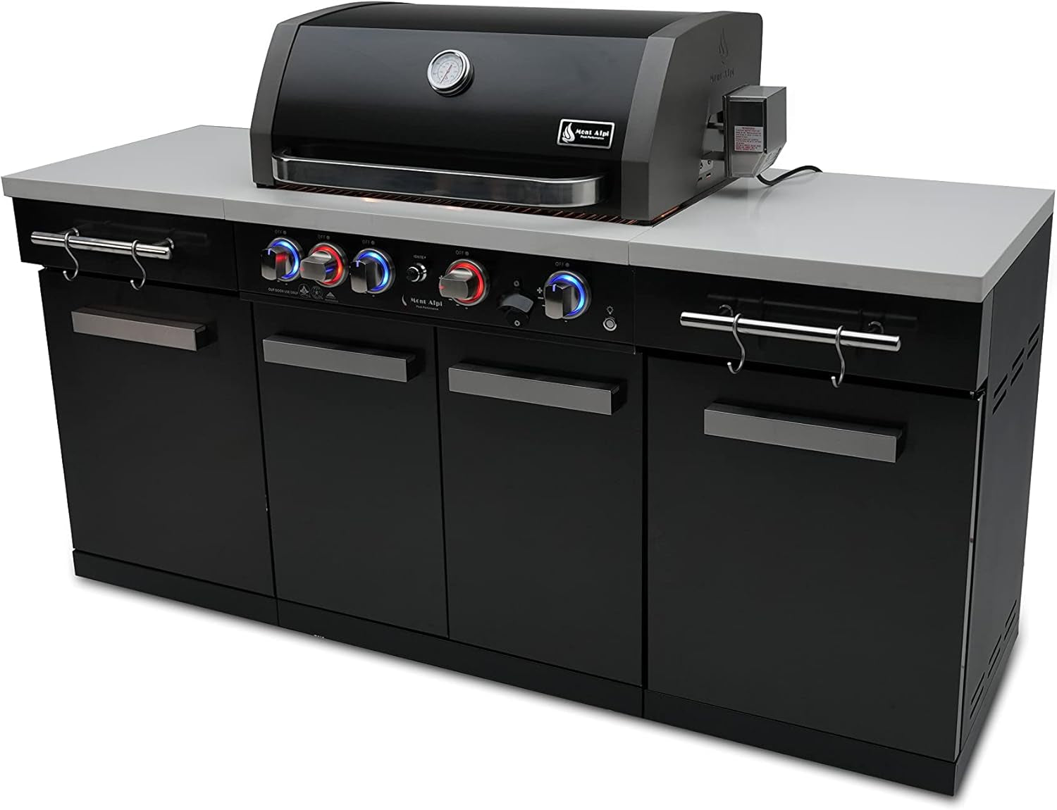 Premium 70"W X 24"D Black Stainless Steel Compact Outdoor Kitchen Island with Access Doors + 32"W 4-Burner BBQ Grill with Infrared Rear Burner + Storage Cabinets + White Granite Countertops