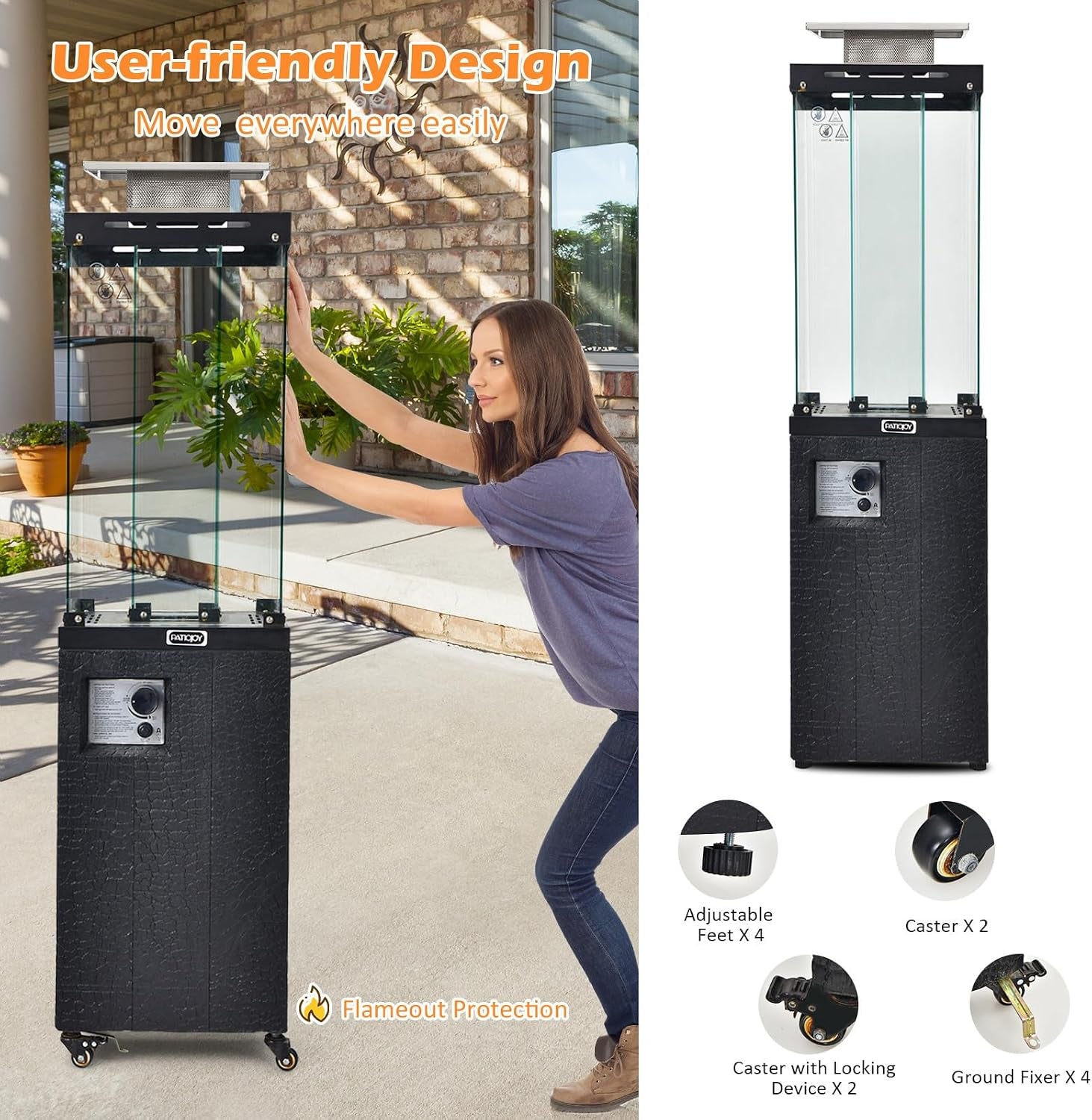 41,000 BTU Propane Patio Heater with Waterproof Cover, Outdoor Heater with Lockable Wheels, Adjustable Feet, Tempered Glass Tube, Suitable for Garden Porch Patio Deck (Black)