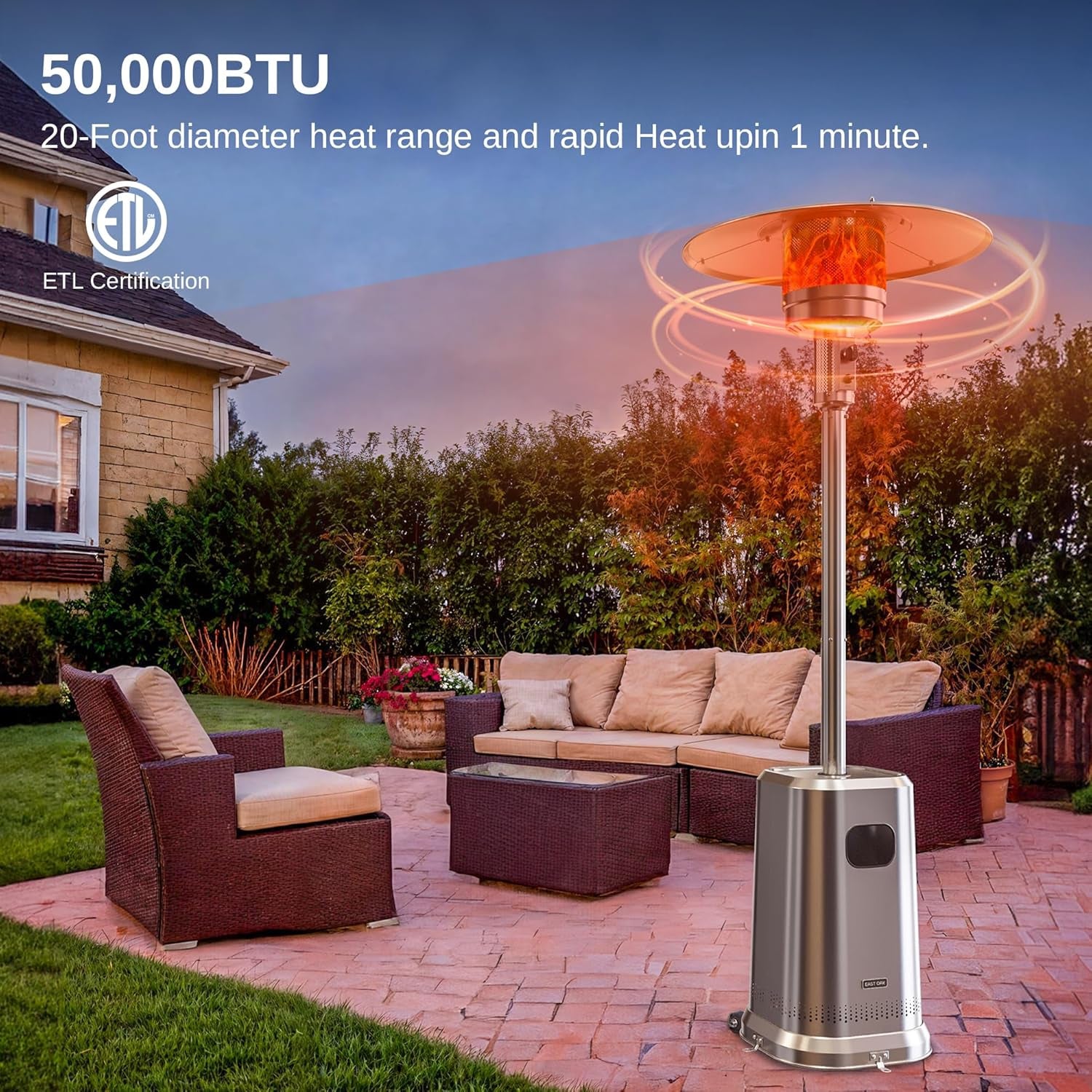 Anti-Rust 50,000 BTU Patio Heater for Outdoor Use with Double-Layer Stainless Steel Burner, Table Design and Wheels, Propane Patio Heater for Home and Commercial, Stainless Steel