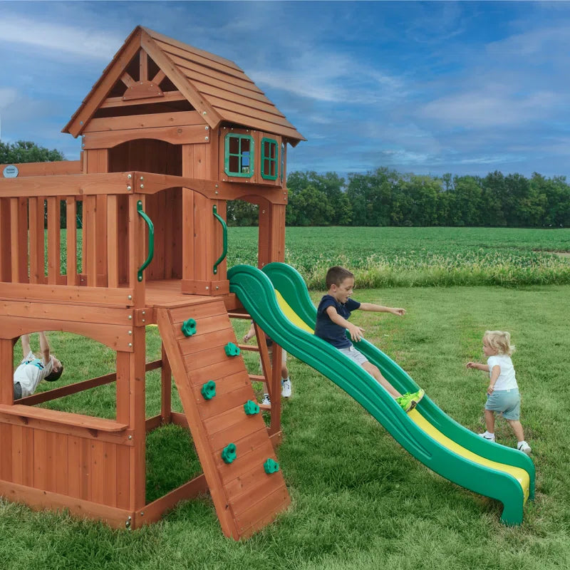 Atlantis Cedar Wood Swing Set with Wave Slide, Clubhouse, Rock Wall, and Sandbox Area