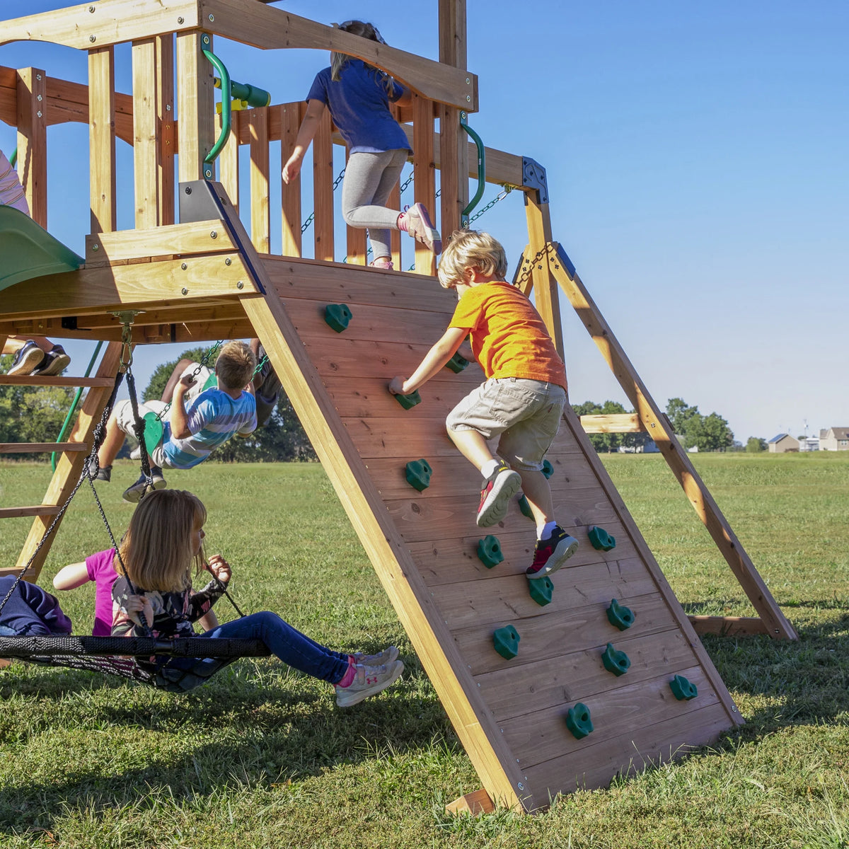 Endeavor Cedar Wood Swing Set, Slide, Play Deck, Rock Wall, Rope Ladder