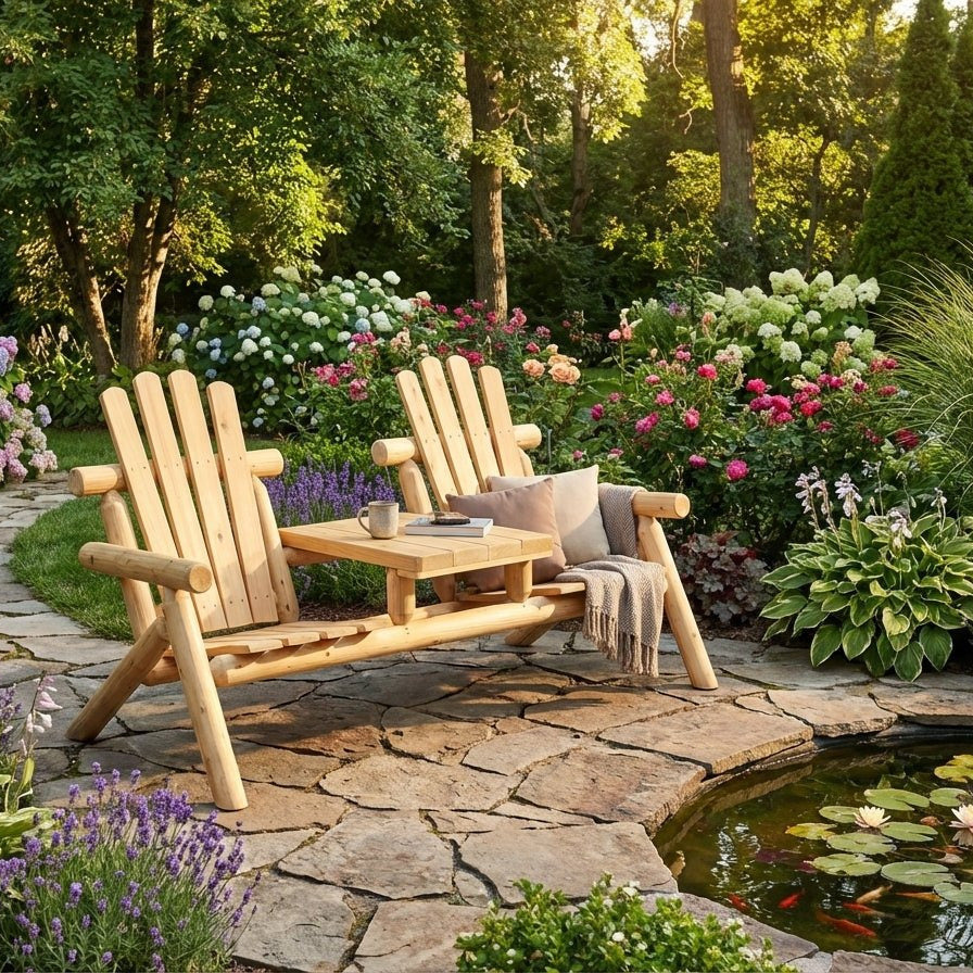 Wooden Adirondack chairs by a garden pond with flowers and trees in the background