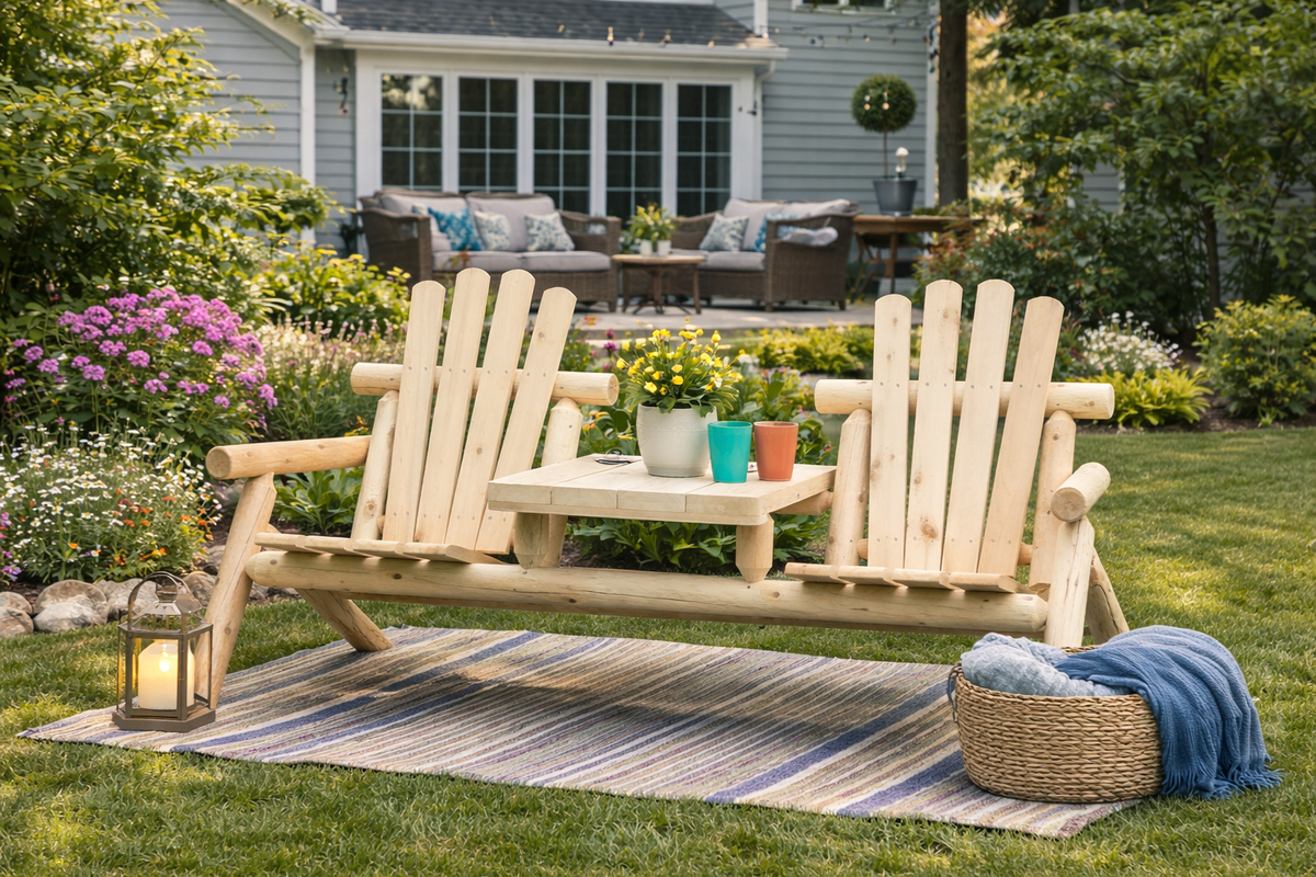 Cedar Creek White Cedar Double Chair with Center Table