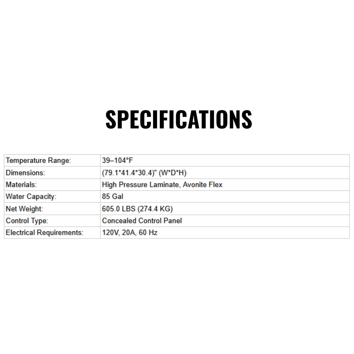A specifications table on a white background with black text, listing temperature range, dimensions, water capacity, net weight, control type, and electrical requirements.
