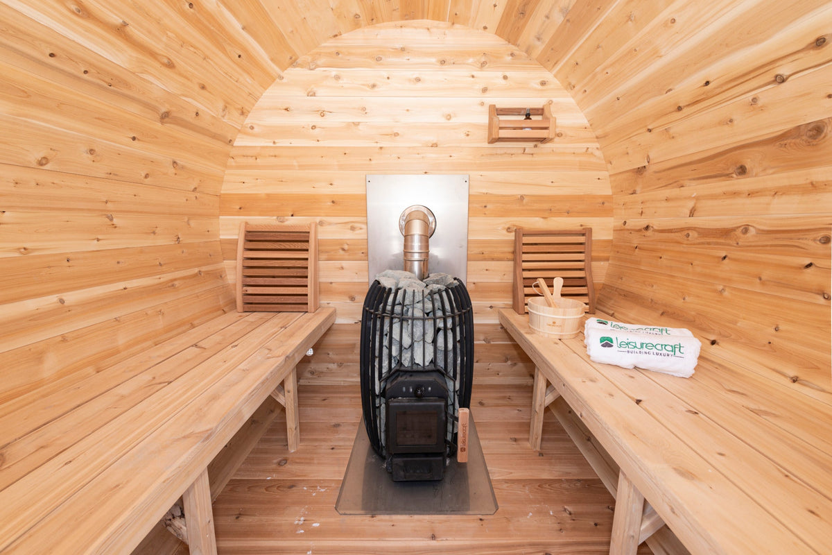 LeisureCraft Elation CTC2424 interior shown with wood-burning sauna heater