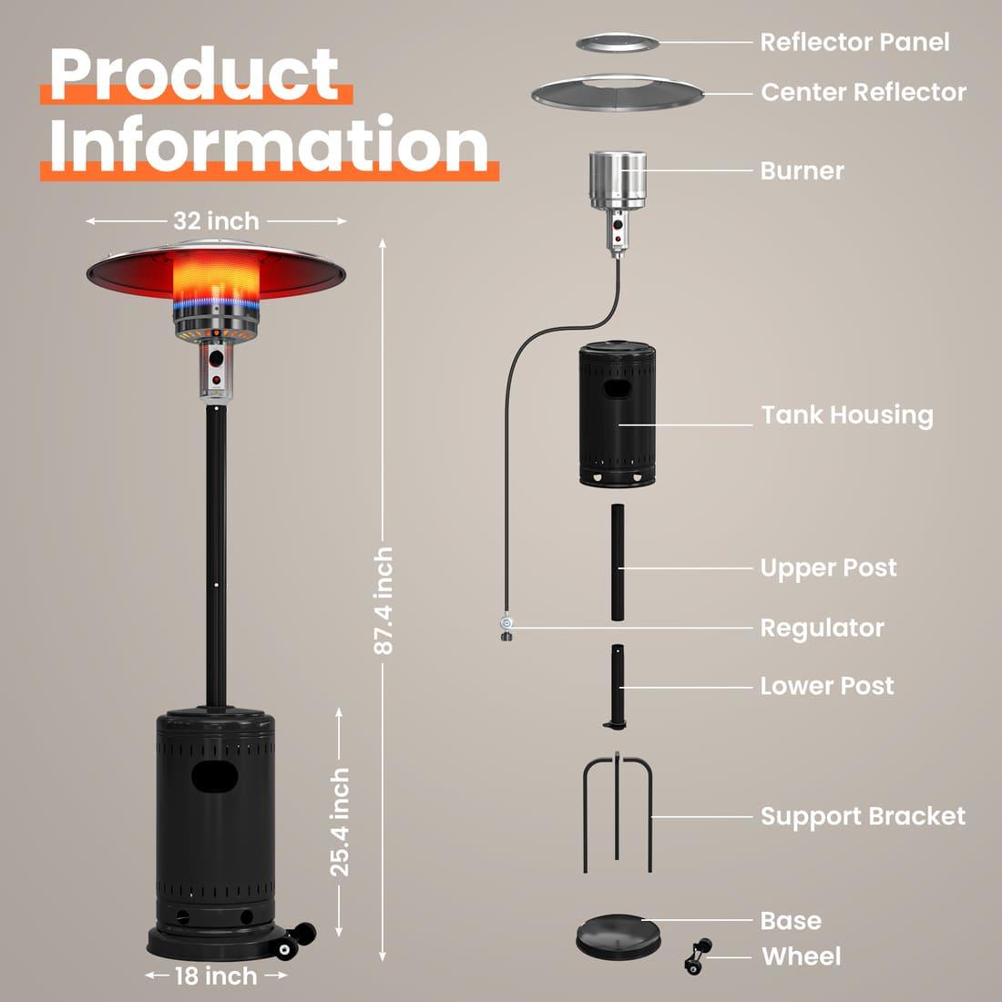 Pamapic Pyra Propane Patio Heater with Wheels, 48,000 BTU