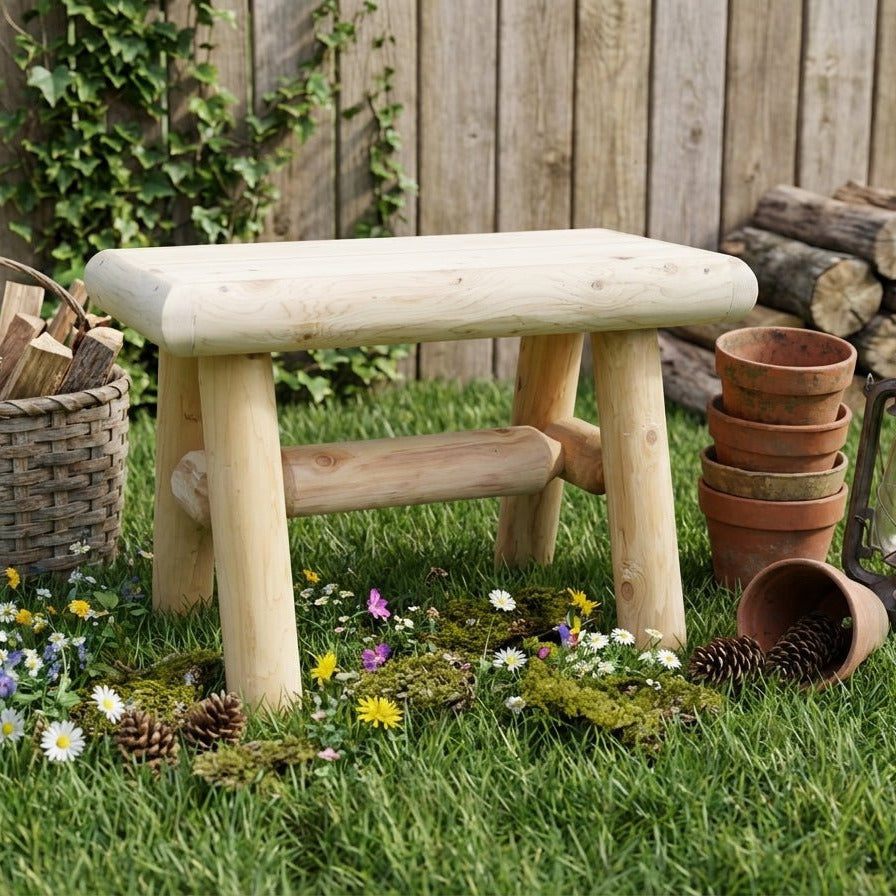 Wooden bench in a garden setting with flowers, pots, and firewood.