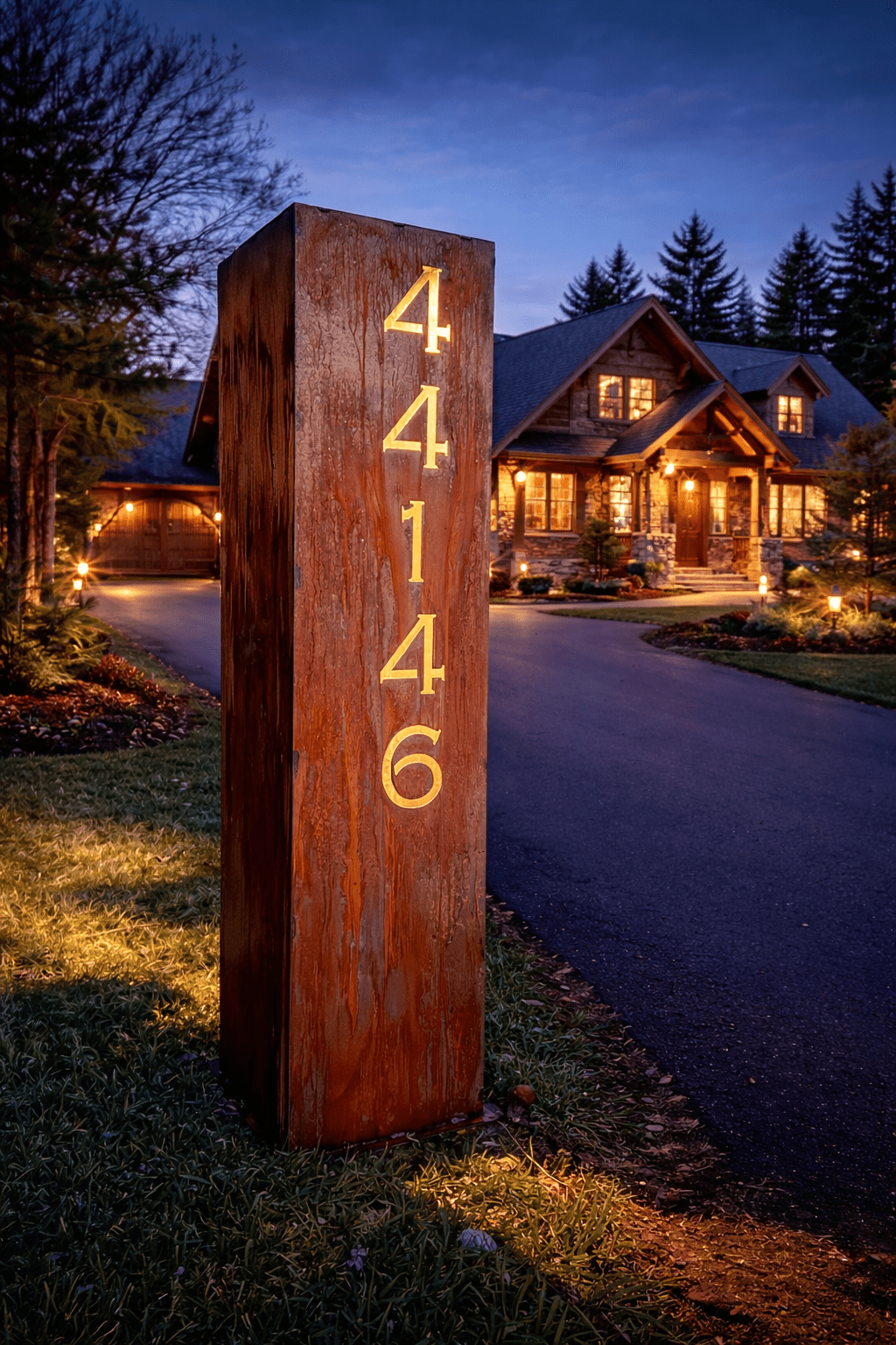 North Forge Solar-Powered Extra-Wide Address Pillar – Custom Steel House Number Sign